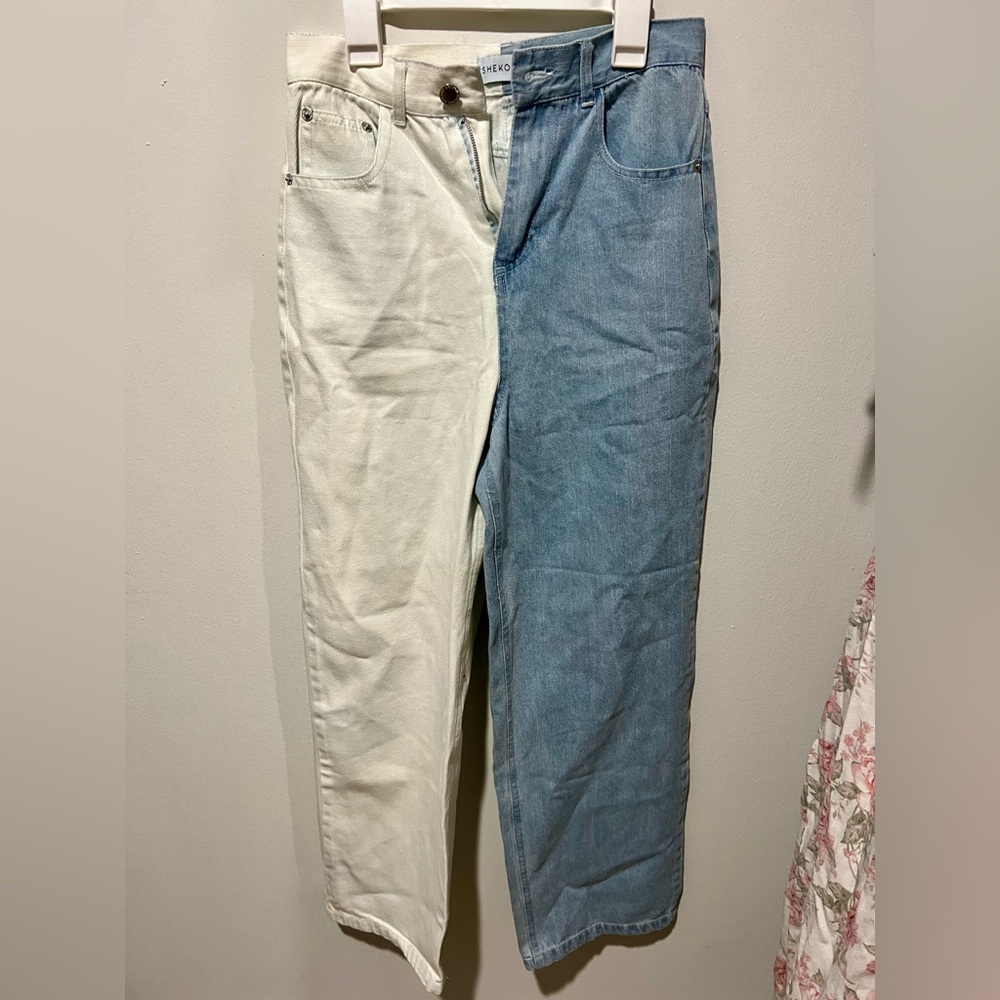 Shekou Black & White Colorblock Straight Leg Jeans size small